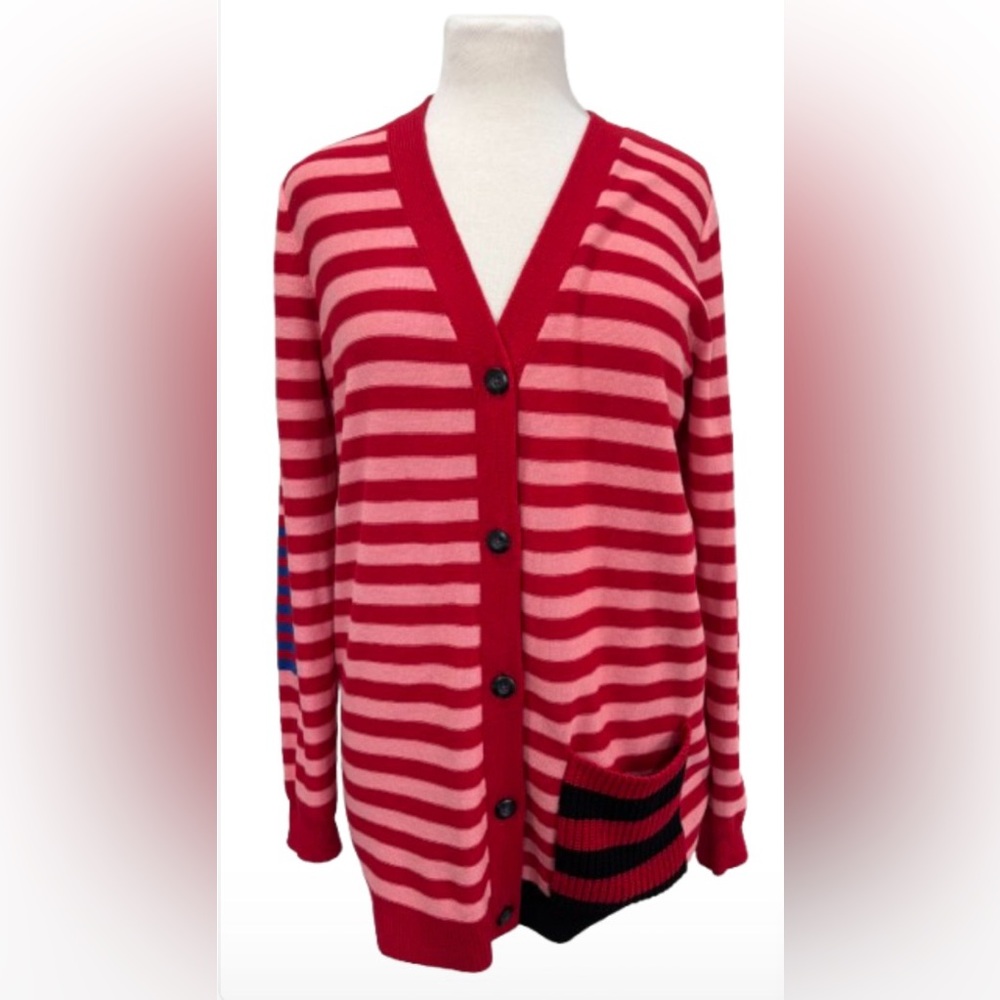 Size M CAbi Red and Pink Striped Cardigan